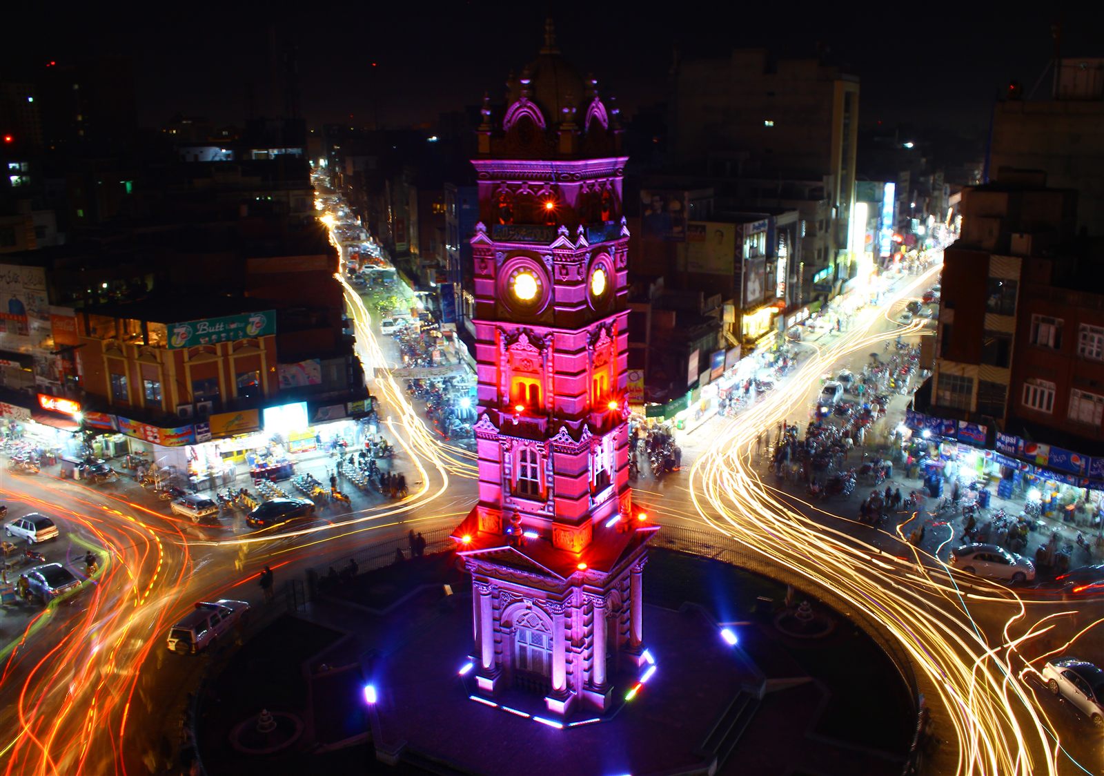Faisalabad Clock Tower at night, eight bazaars radiating out